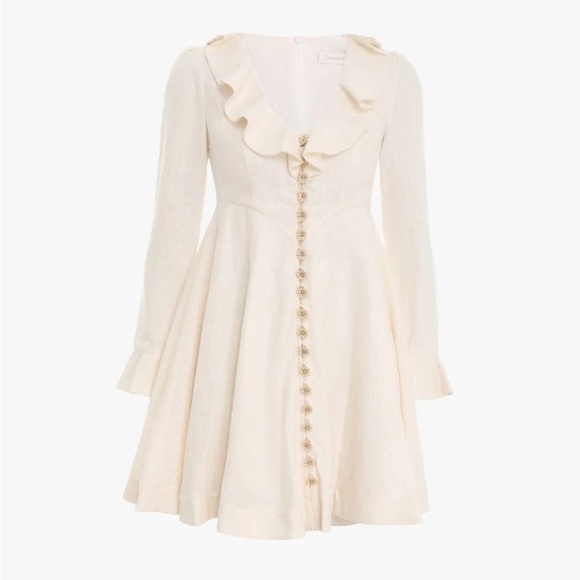 NWT Zimmermann Cream Linen Daisy Mini Dress Ruffle Long Sleeve AU 0P (US 2P) - Picture 3 of 16